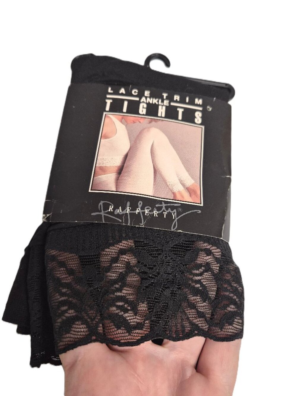 VTG Rafferty Black Lace Trim Ankle Tights USA Made Deadstock Floral RomanticGoth